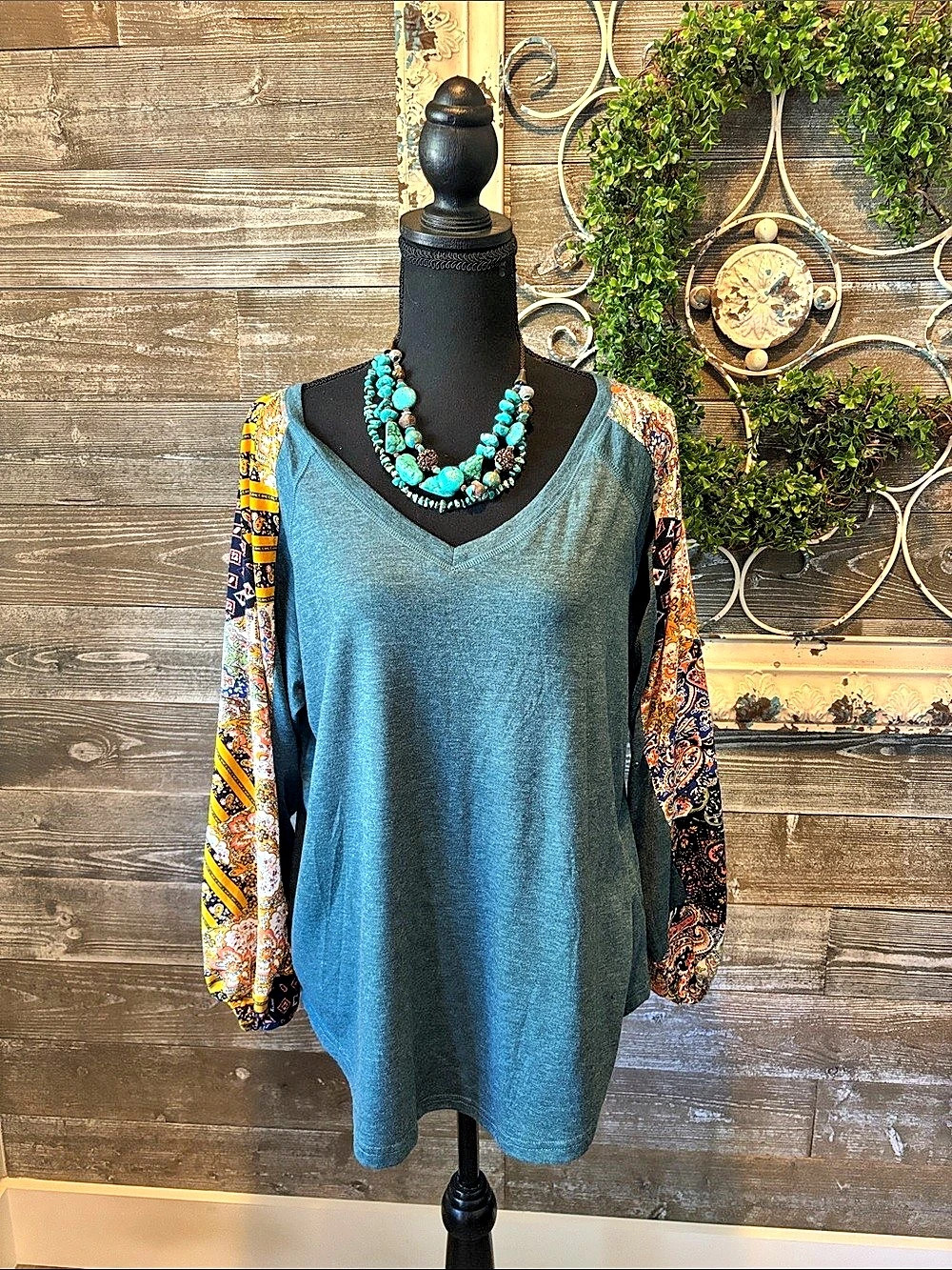 Beyove Paisley Sleeve Tunic in Blue (Size Large) Jersey Knit Fabric